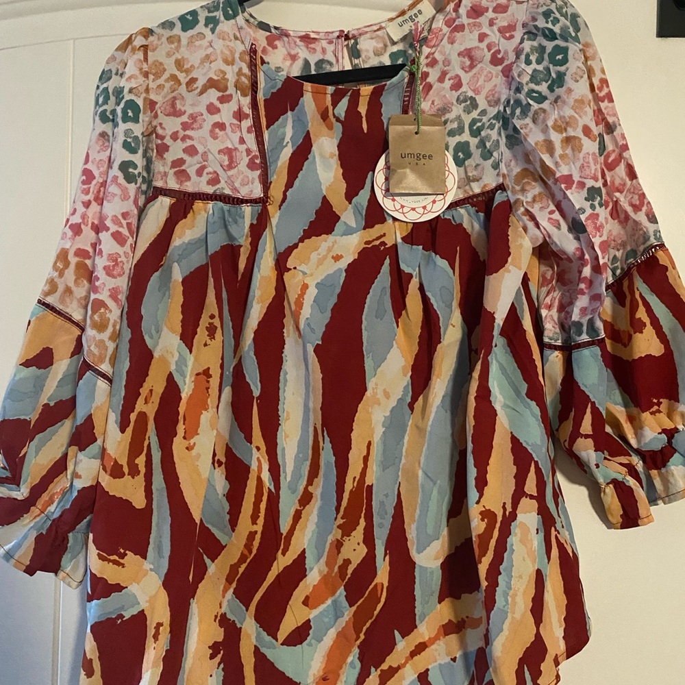 Umgee Multicolor Abstract Peasant Tunic - Red, Light Blue, Mustard